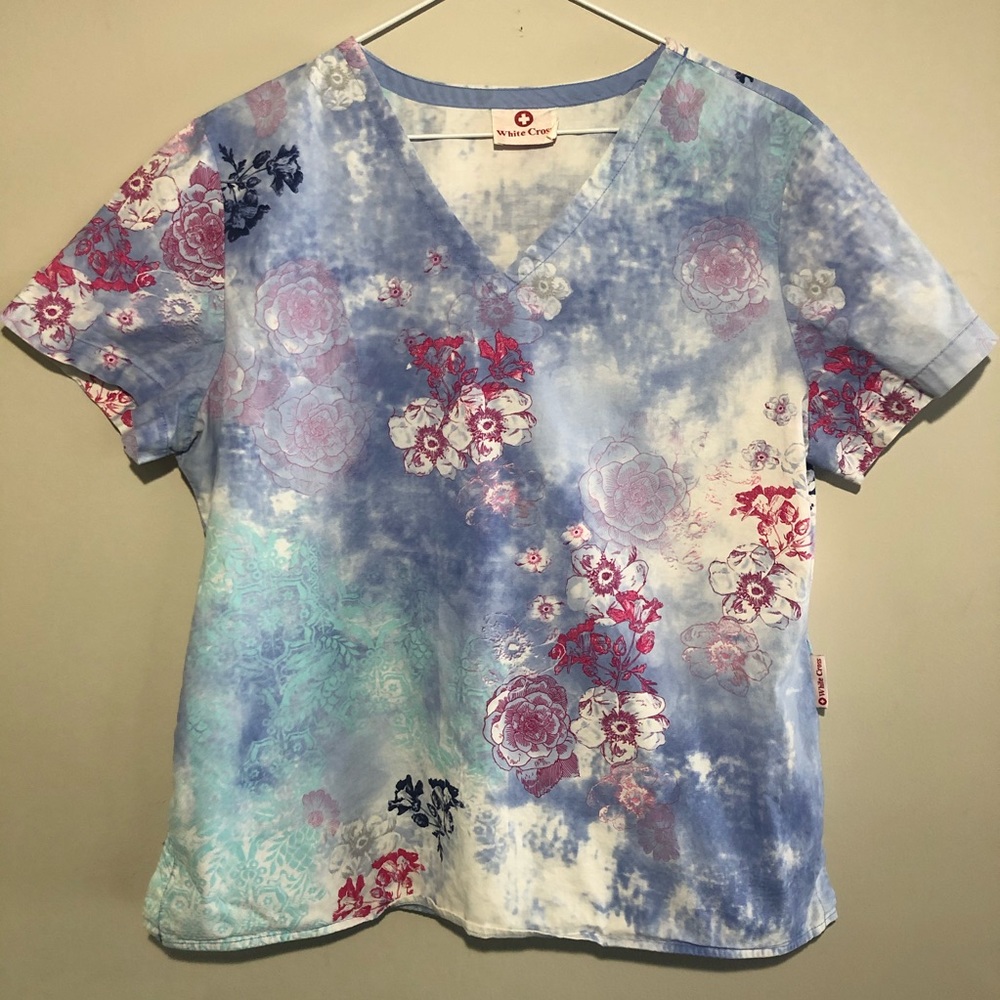 White Cross Floral Scrub Top